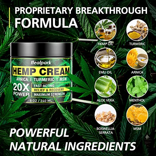 Natural Hemp Cream 8 fl oz - Arnica,MSM, Turmeric, Emu Oil, Menthol, Aloe - Muscles, Joints, Lower Back, Back, Knees, Neck, Fingers, Elbows,Body