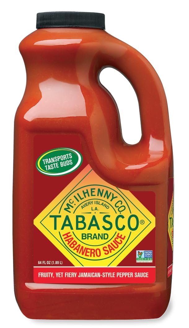 TABASCO Brand Cayenne Garlic Pepper Sauce, Mild Hot Sauce, Bulk Plastic Jug, Smoky & Zesty Blend with Savory Garlic, Perfect for Large Recipes, Great for Italian Dishes & More, 64 Fl Oz (Pack of 1)