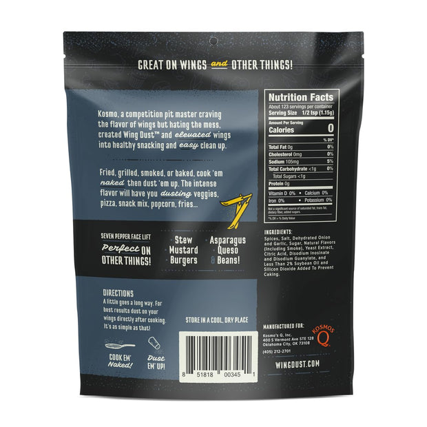 Kosmos Q Seven Pepper Face Lift Spicy Hot Wing Dust, Spicy Chicken Wing Seasoning for Chicken, Fries, Burgers, Queso, Beans & More, Flavorful Heat with 7-Pepper Blend Dry Rub Seasoning Dust, 5 Oz