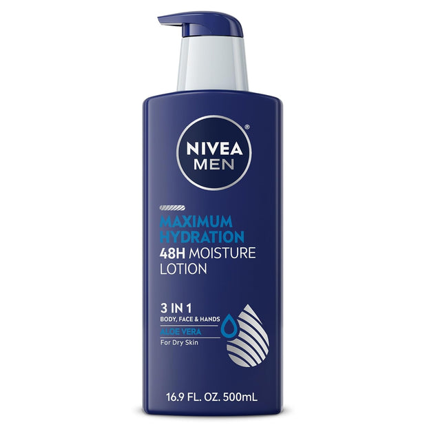 NIVEA MEN Maximum Hydration 48-Hour Moisture Body Lotion for Dry Skin, Aloe Vera Lotion for Men, 3-in-1 Body, Face and Hands, Dermatologically-Tested, 16.9 Fl Oz Bottle