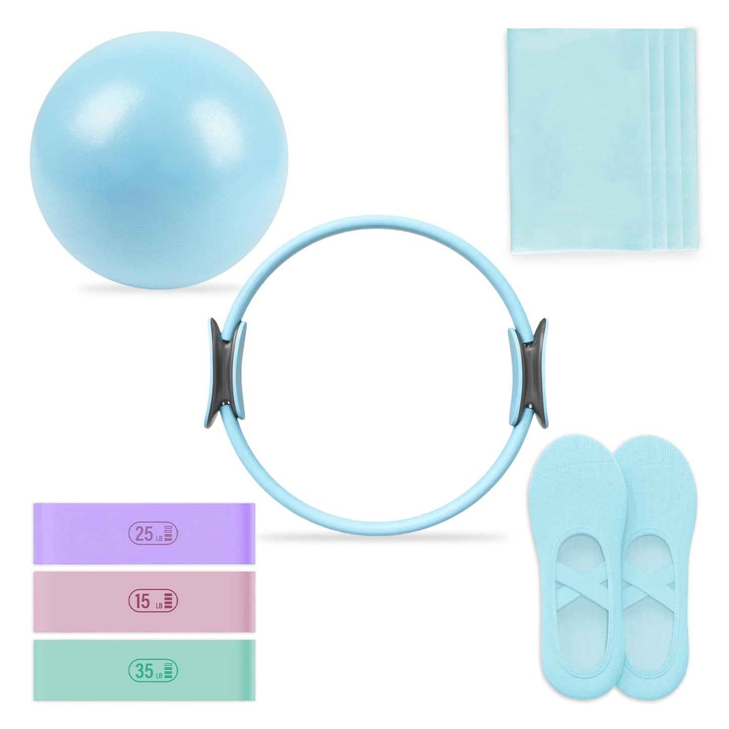 Pilates Essential Kit - Home Pilates Equipment Set - with Toning Pilates Ring & Long Resistance Bands & 3 Level Pilates Loop Bands & Soft Pilates Ball & Pilates Grip Socks