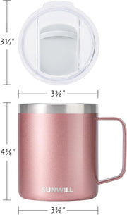 SUNWILL Travel Coffee Mug with Lid, Insulated Tumbler with Handle, 14 oz Stainless Steel Cup for Ice, Water, Tea, Rose Gold