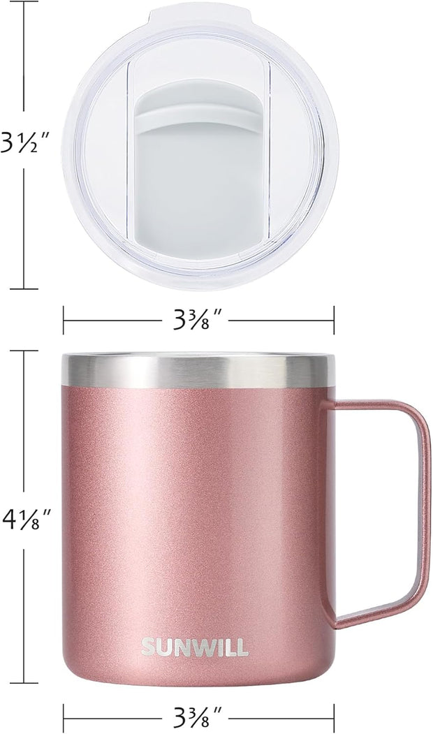 SUNWILL Travel Coffee Mug with Lid, Insulated Tumbler with Handle, 14 oz Stainless Steel Cup for Ice, Water, Tea, Rose Gold