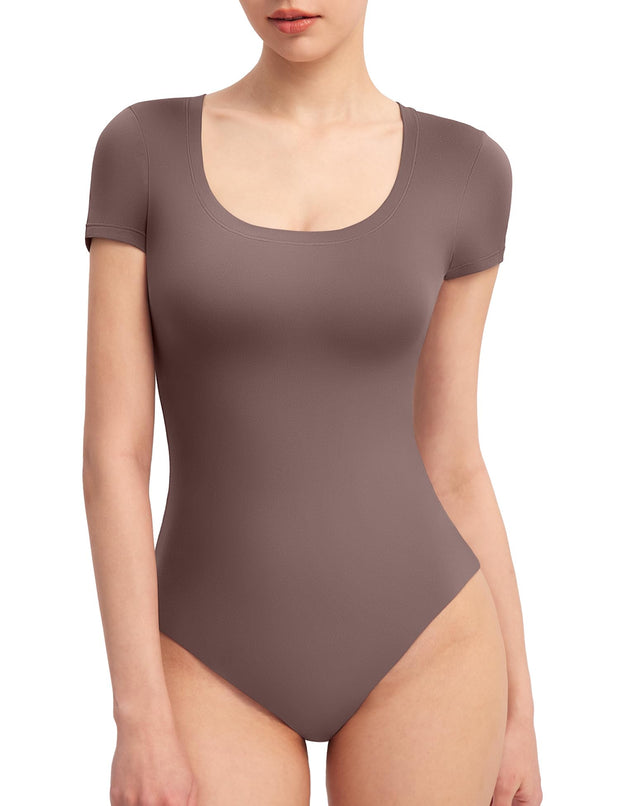 PUMIEY Women's Scoop Neck Short Sleeve Bodysuit Slimming Fit Body suit Top Smoke Cloud Pro Collection