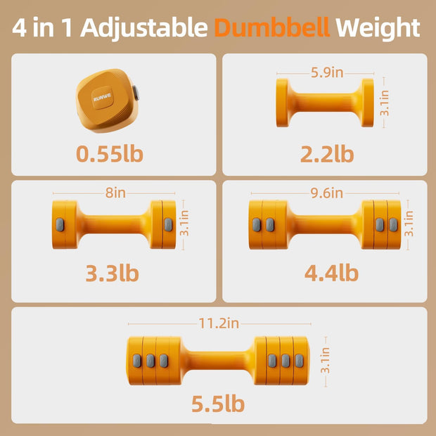 Lightweight Adjustable Dumbbell Kettlebell Set - 4 in 1 Free Weight Set with Kettlebell Grip Converter, Each 2.2 3.3 4.4 5.5lb Quick Change Weight Women Dumbbell Set for Small Spaces Home Gym