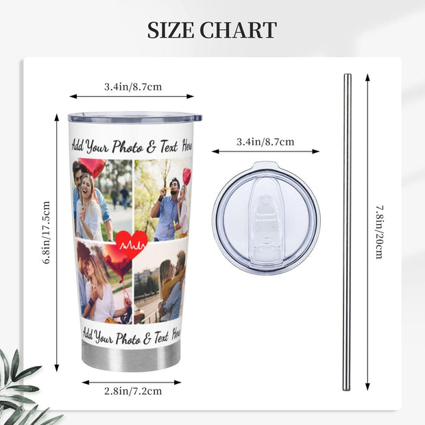 Personalized Tumblers with Pictures Lids and Straws 20 oz Custom Photo Stainless Steel Coffee Tumbler with Name Text Coffee Mug Cup Gifts for Christmas Anniversary Birthday for Dad Mom Friend