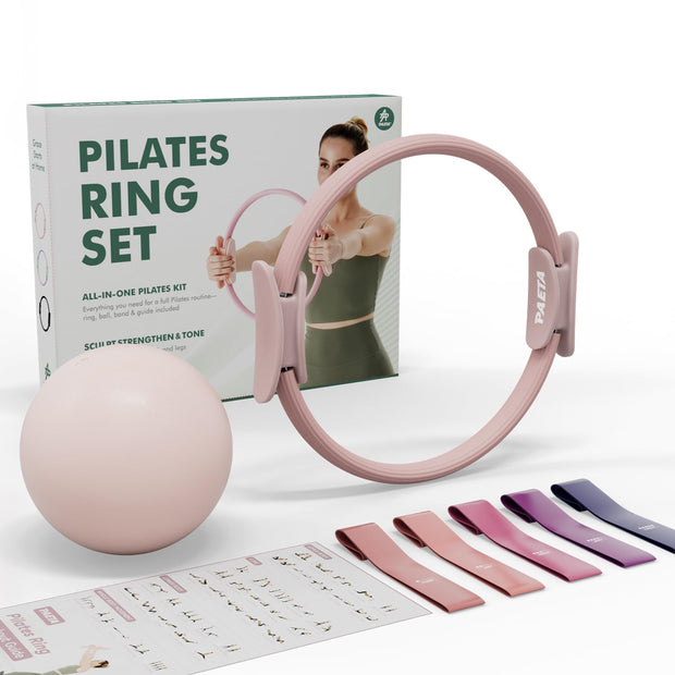 PAETA Pilates Ring Set – 14” Magic Circle (38 lbs Resistance), 9.8” Pilates Ball, 5 Resistance Bands, and Exercise Guide Included for Home Workouts