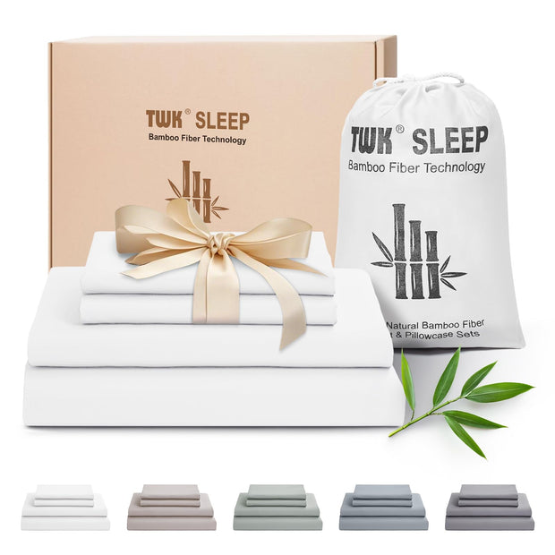 TWK Luxury Sheet Set, Genuine 100% Organic Viscose Derived from Bamboo, Cooling & Breathable, Silky Soft, Bedding Sheets & Pillowcases (White, King(78 * 80 * 15))