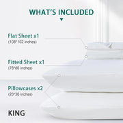 100% Rayon Derived from Bamboo Sheet Sets King Size, Organically Growth, Silky Soft & Cooling, 4 Piece (1 Fitted Sheet, 1 Flat Sheet and 2 Pillowcases) White Bedding Set with 15" Deep Pocket