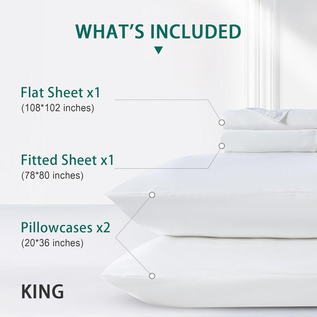 100% Rayon Derived from Bamboo Sheet Sets King Size, Organically Growth, Silky Soft & Cooling, 4 Piece (1 Fitted Sheet, 1 Flat Sheet and 2 Pillowcases) White Bedding Set with 15" Deep Pocket