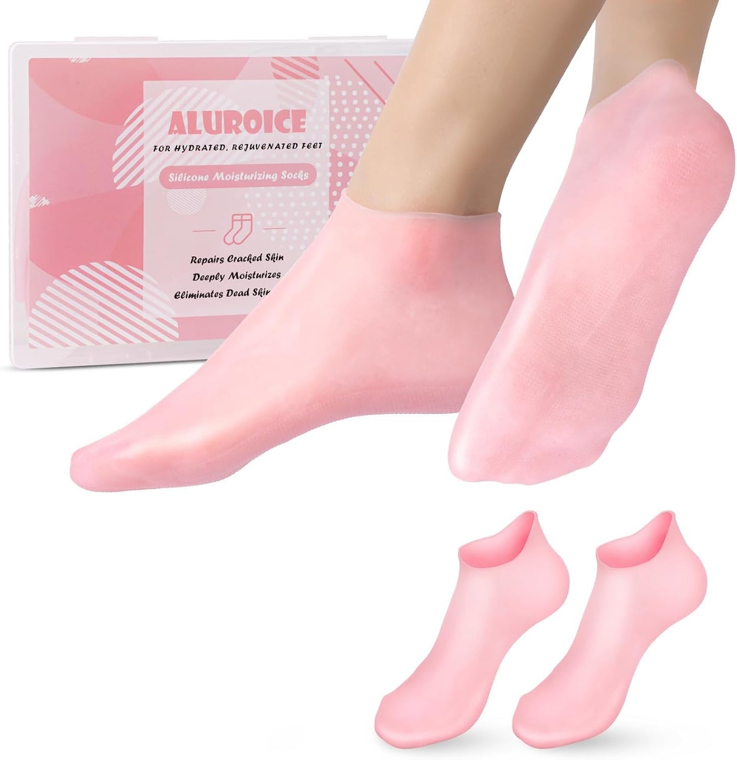 2 Pairs Silicone Moisturizing Socks for Dry Cracked Feet Women, Soft Gel Pedicure Foot Spa Aloe Socks, Anti-Slip Moisturizer Socks for Dry Cracked Feet Overnight Foot Care Pink&White