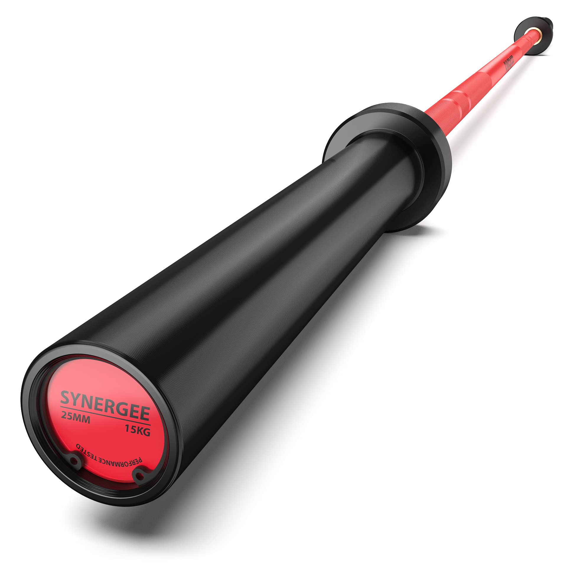 Synergee Games 15kg and 20kg Colored Ceramic Coated Barbells. Rated 1500lbs for Weightlifting and Powerlifting. Black, Red, Grey, Pink