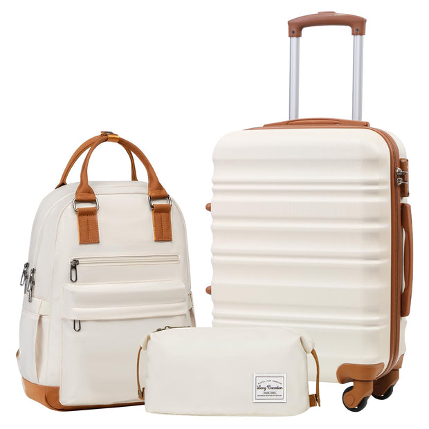 LONG VACATION 6 Piece Luggage Set Carry on Suitcase with ABS+PC hardshell, Spinner Wheels & YKK Zipper TSA Lock (WHITE-BROWN, 6 piece set)