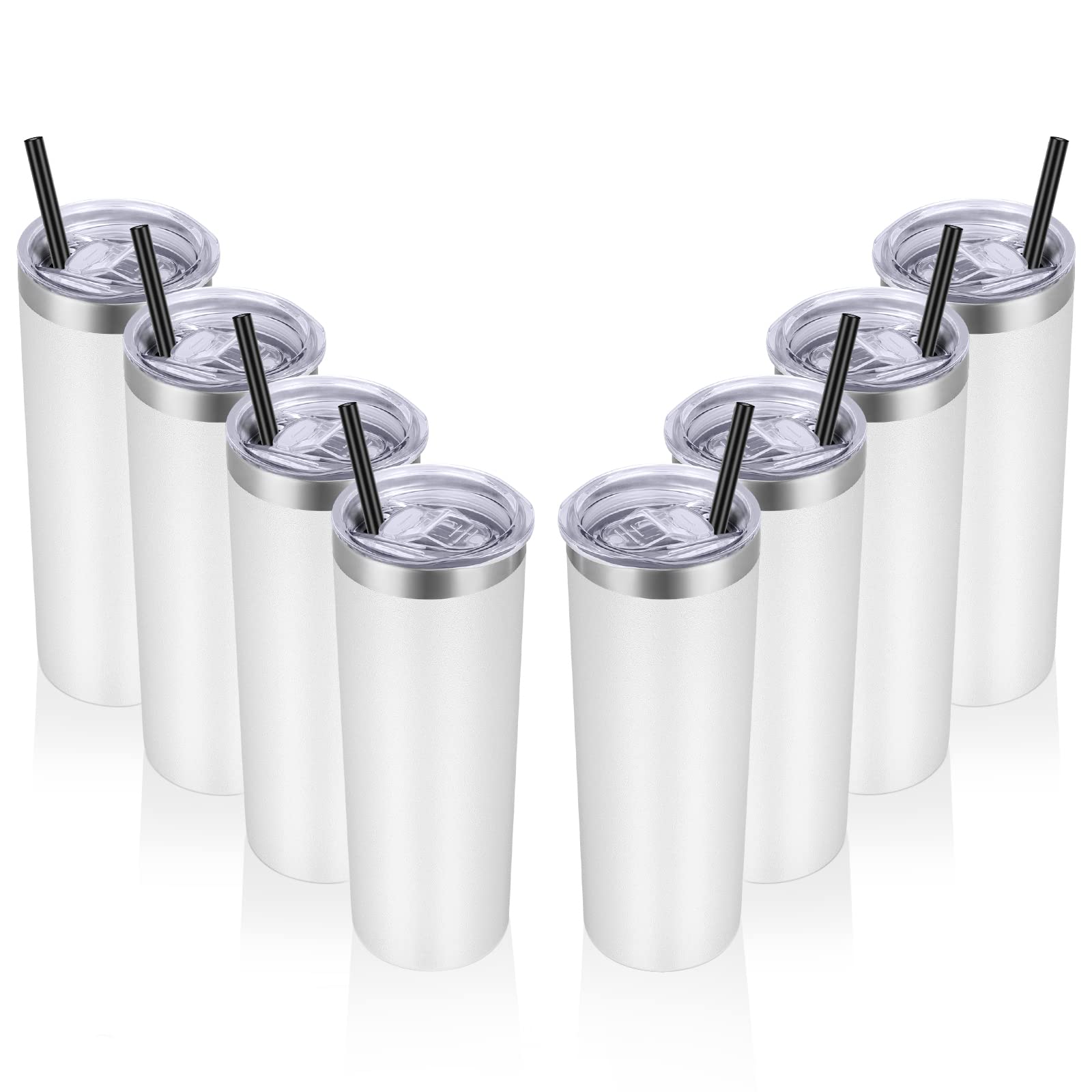 VEGOND Stainless Steel Tumblers Bulk 12 Pack, 20 oz Vacuum Insulated Skinny Tumblers with Lids and Straws, Double Wall Coffee Mug, Travel Water Cup, White