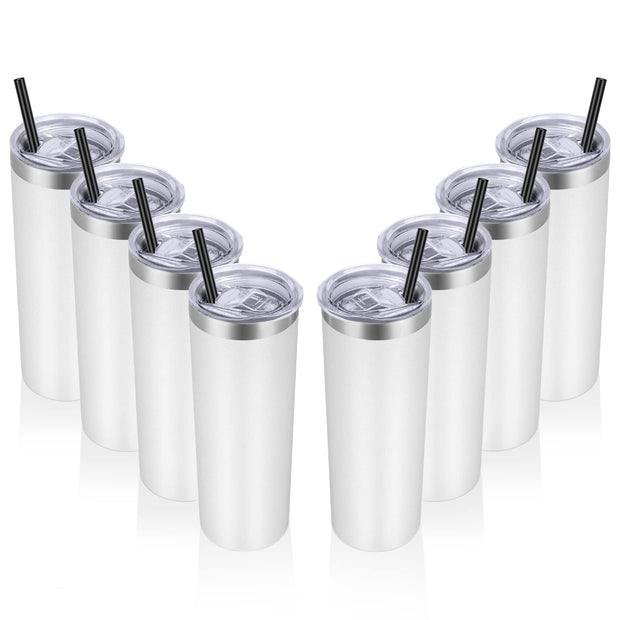 VEGOND Stainless Steel Tumblers Bulk 12 Pack, 20 oz Vacuum Insulated Skinny Tumblers with Lids and Straws, Double Wall Coffee Mug, Travel Water Cup, White