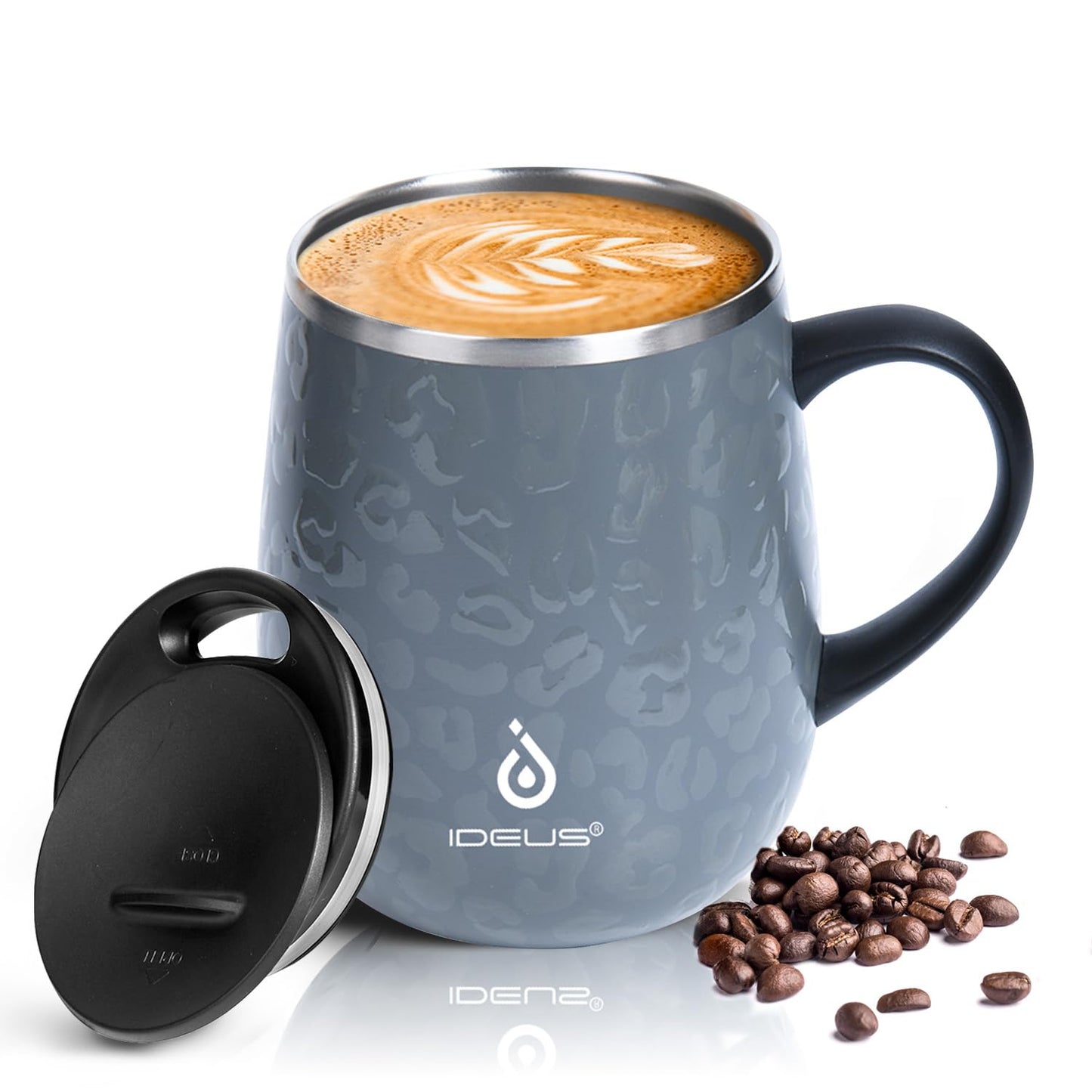 Ideus 16 oz Insulated Coffee Mug with Handle and Lid, Double Wall Stainless Steel Vacuum Thermal Coffee Mug, Travel Coffee Cup Thermal Cup for Home and Office, Storm Black
