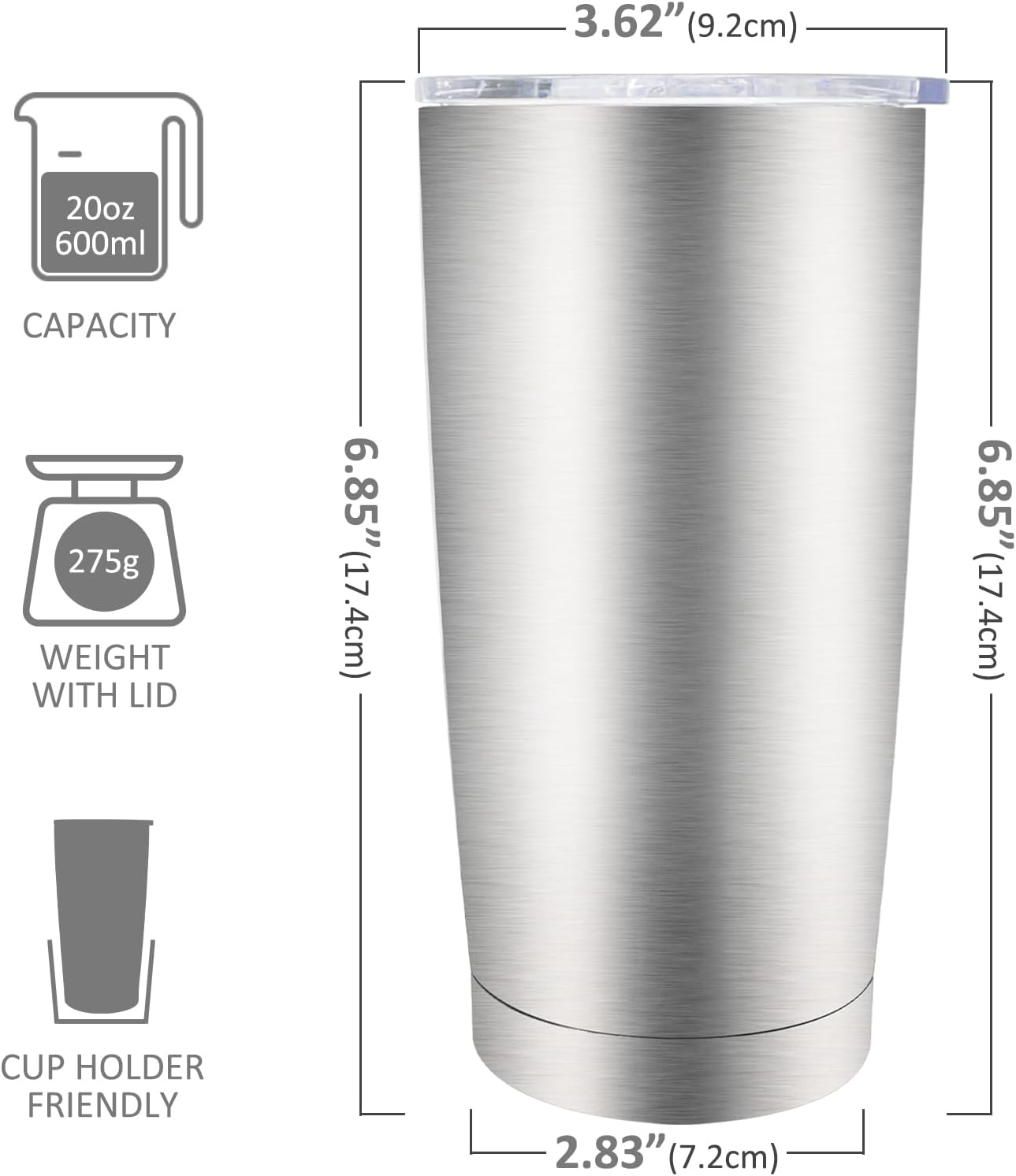 20 oz Tumblers Bulk, Stainless Steel Tumbler with Lid and Straw, Vacuum Double Wall Insulated Travel Coffee Mug with Sliding Lid, Powder Coated Cup for Hot and Cold Drinks (Stainless,6 pack)