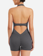 YEOREO Women Halter Workout Jumpsuits One Piece Backless Bodycon Bodysuits Hidden Scrunch V Back Yoga Joceline Short Romper