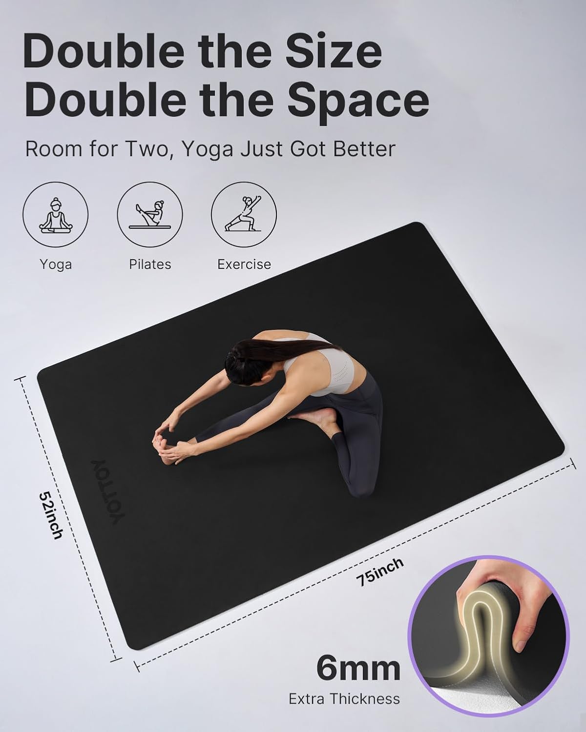 YOTTOY Large Yoga Mat (75 * 52 * 1/2inch),Extra Wide TPE Exercise Mat,Non-Slip Workout Mat for Pilates, Fitness, Barefoot, Home Gym Studio with Strap and Towel