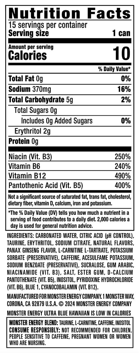 Monster Energy Ultra Blue Hawaiian, Sugar Free Energy Drink, 16 Ounce (Pack of 15)