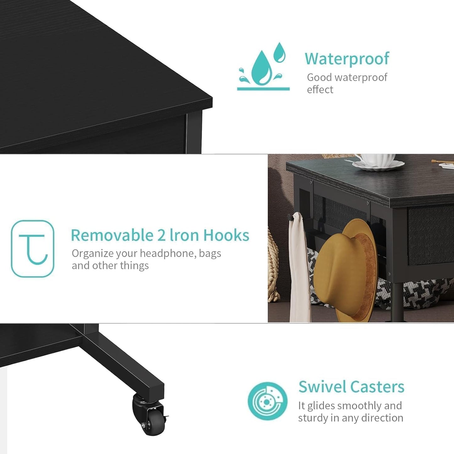 Small Portable Rolling Standing Desk - 32 Inch Adjustable Mobile Teacher Stand Up Desks with 2 Fabric Drawers on Wheels for Classroom, Couch Sofa Side Laptop Table with Storage for Home Office, Black