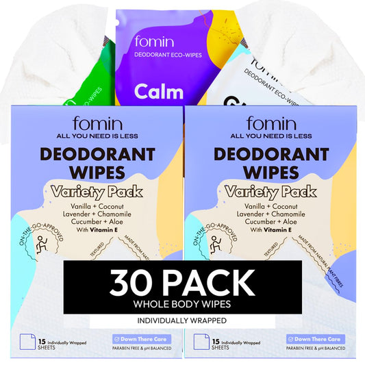 FOMIN Travel Deodorant Wipes - 30 Count - Variety Pack - pH Balanced, Hypoallergenic Mini Deodorant Wipes For Women and Men - Plastic-Free, Individually Wrapped Underarm & Body Wipes