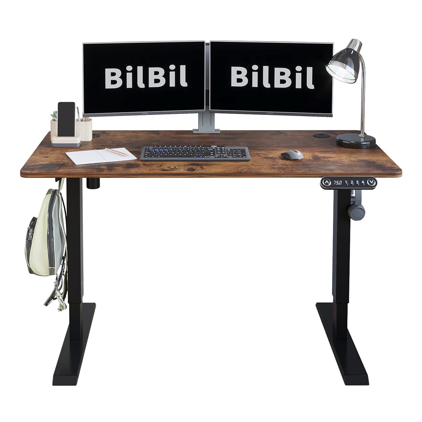 bilbil L-Shaped Electric Height Adjustable Standing Desk 59 Inches, Stand Up Rising Table for Home Office with Splice Board, Black Frame and Rustic Brown Top