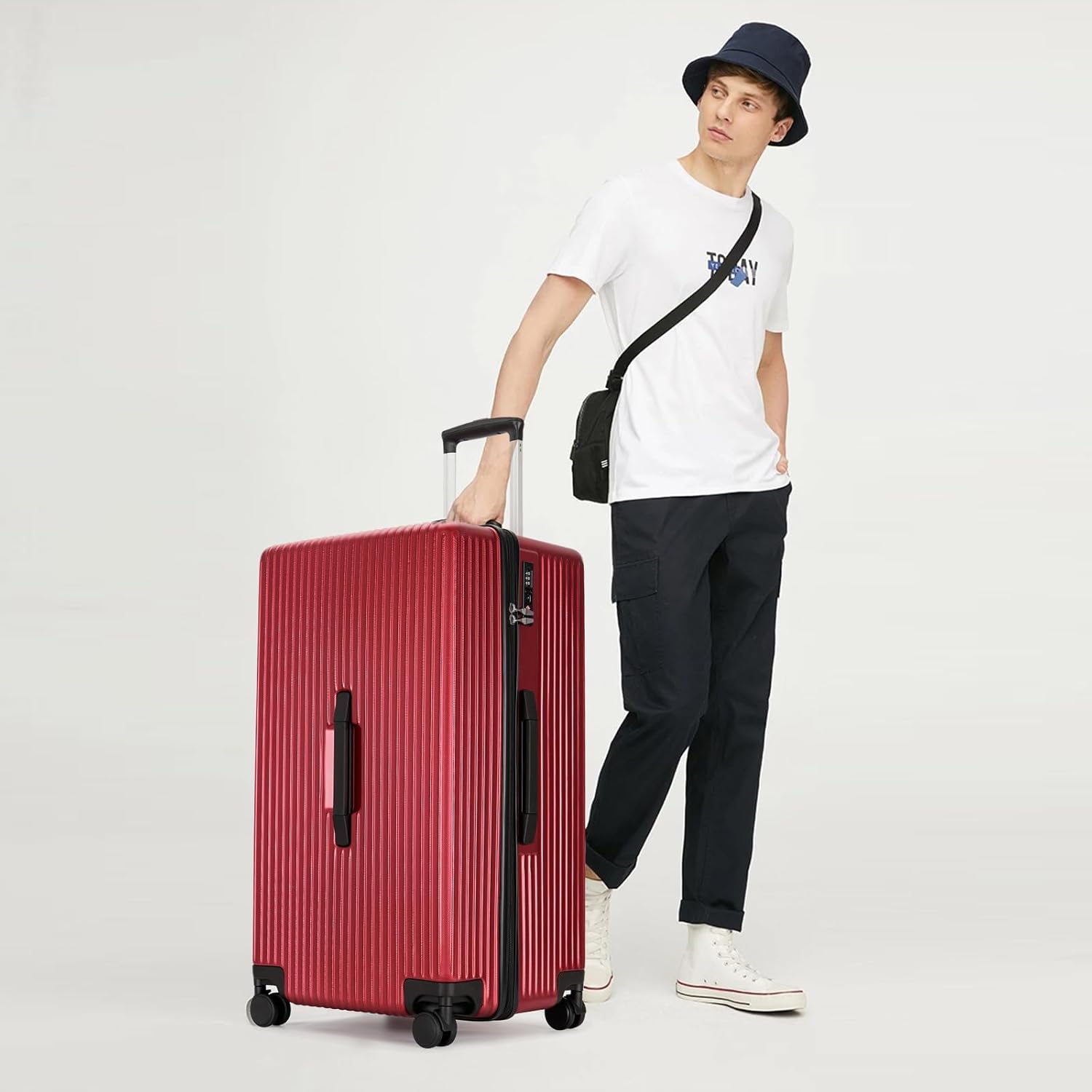 GinzaTravel Trunk Luggage, 28 Inch Luggage with Spinner Wheels, Scratch resistant texture Lightweight PC material with TSA Lock (Wine Red)