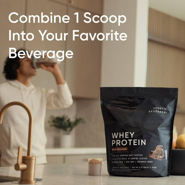 Sports Research Whey Protein Isolate - Sports Nutrition Protein Powder 25g per Scoop - 2lb Bag Whey Protein - Dutch Chocolate Bulk Protein Powder, 25 Servings