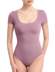 PUMIEY Women's Scoop Neck Short Sleeve Bodysuit Slimming Fit Body suit Top Smoke Cloud Pro Collection