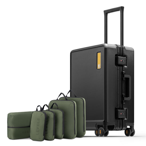 LEVEL8 Zipperless Checked Luggage with Aluminum Frame, Upgraded Medium Hardside Suitcase with Spinner Wheels, Metal Travel Luggage with Double Tsa Locks, 24 Inch, Black