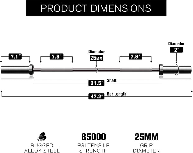 RITFIT Olympic Barbell 4ft/4.8ft/6ft - 2 Inch Weight Bar for Strength Training, Weightlifting, Squat, Deadlift, Bench Press, Curl, Overhead Press - 350lbs/500lbs Capacity