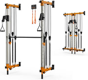Wall-Mounted Folding Smith Machine Home Gym, All-in-One Compact Power Cage & Cable Pulley Trainer with 125–250LB Dual-User Resistance Band System for Home, Garage, Basement Fitness