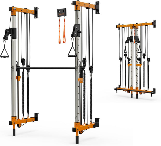Wall-Mounted Folding Smith Machine Home Gym, All-in-One Compact Power Cage & Cable Pulley Trainer with 125–250LB Dual-User Resistance Band System for Home, Garage, Basement Fitness