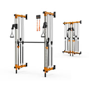 Wall-Mounted Folding Smith Machine Home Gym, All-in-One Compact Power Cage & Cable Pulley Trainer with 125–250LB Dual-User Resistance Band System for Home, Garage, Basement Fitness