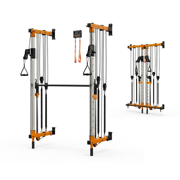 Wall-Mounted Folding Smith Machine Home Gym, All-in-One Compact Power Cage & Cable Pulley Trainer with 125–250LB Dual-User Resistance Band System for Home, Garage, Basement Fitness