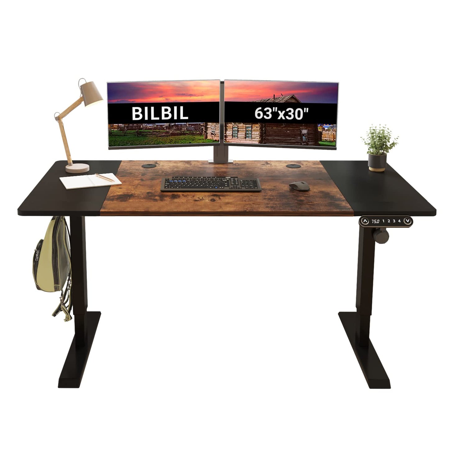 bilbil L-Shaped Electric Height Adjustable Standing Desk 59 Inches, Stand Up Rising Table for Home Office with Splice Board, Black Frame and Rustic Brown Top