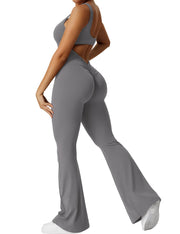 YEOREO Women Workout Scrunch Flare Jumpsuits Sexy Backless Butt Lift Gym Yoga Jumpsuits