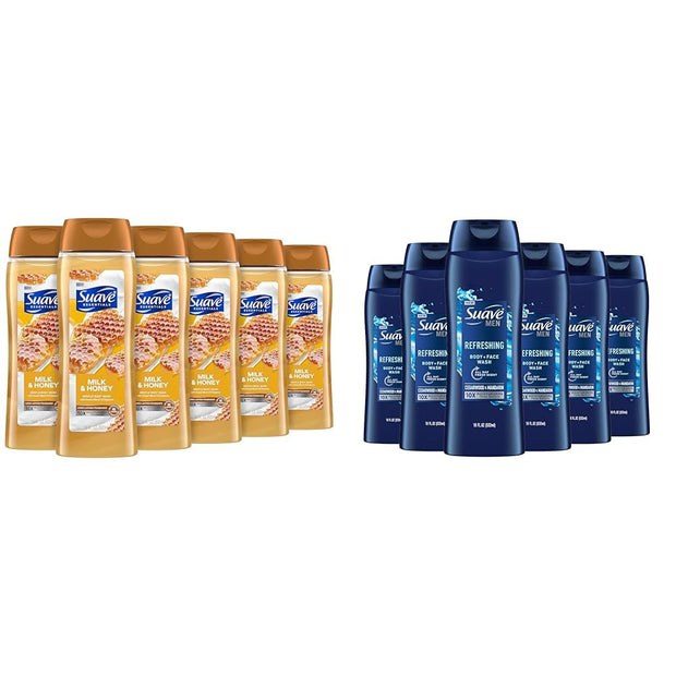 Suave Moisturizing Body Wash, with Milk & Honey and Vitamin E Extract, No Parabens, No Phtahaltes, 18 Oz Pack of 6