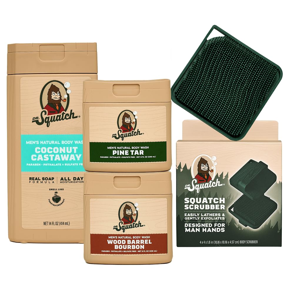 Dr. Squatch NEW Body Wash for Men with Nourishing, Natural Ingredients | No Paraben, Phthalate, Sulfate | Pine Tar (14 oz), Coconut Castaway & Wood Barrel Bourbon (8 oz, 2-Pack) & Body Scrubber
