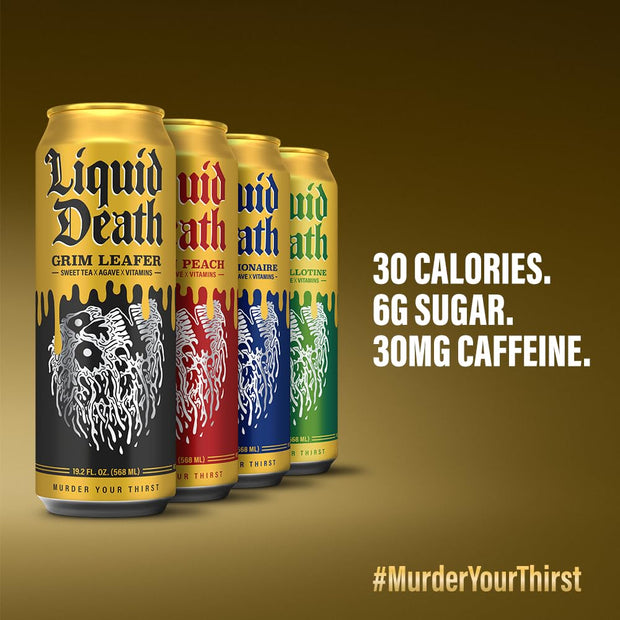 Liquid Death Iced Tea Variety 12-Pack (19.2 Oz Cans) (Grim Leafer, rest in Peach, Dead Billionaire, Green Guillotine)