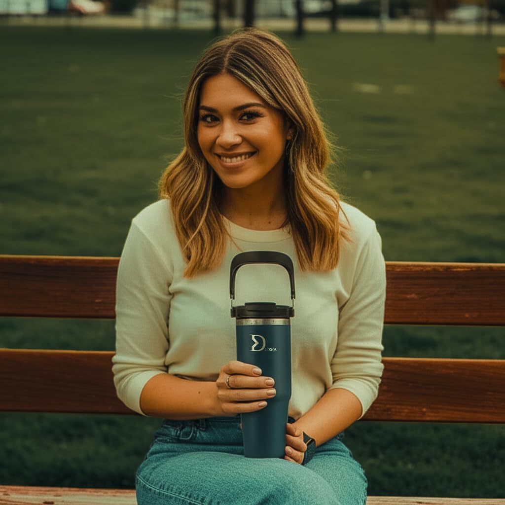 DEWA 30 oz Insulated Stainless Steel Water Bottle with Handle & Flip Straw | Travel Tumbler for Gym, Hiking, Work | Vacuum Reusable Cup Keeps Cold 24H, Hot 12H