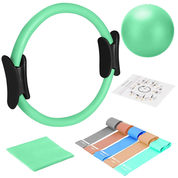TOPZGLEEY Pilates Ring Set – 14" Anti-Deformation Magic Circle with Padded Handles, Mini Ball, 5 Resistance Bands, Guide, Pilates Equipment for Home Workout