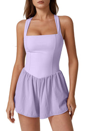 QINSEN Women's Square Neck Sleeveless Romper Jumpsuit Casual Summer One Piece Outfit with Pocket