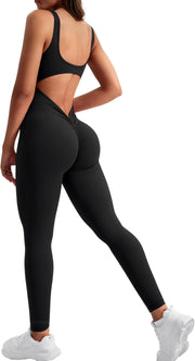 YEOREO Long Sleeve Jumpsuit for Women Workout V Back Bodysuit Lizvette Scrunch Leggings One Piece Romper Full Length Bodycon