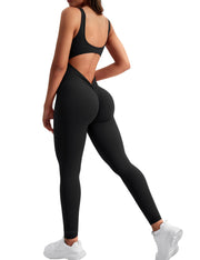 YEOREO Long Sleeve Jumpsuit for Women Workout V Back Bodysuit Lizvette Scrunch Leggings One Piece Romper Full Length Bodycon