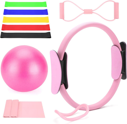 Pilates Ring Kit for Home Workouts, Pilates Equipment Essentials Kit with Magic Circle, Yoga Ring, Resistance Band, Ball, Accessories, Pilates Sets for Women as Fitness Gift (Pink)