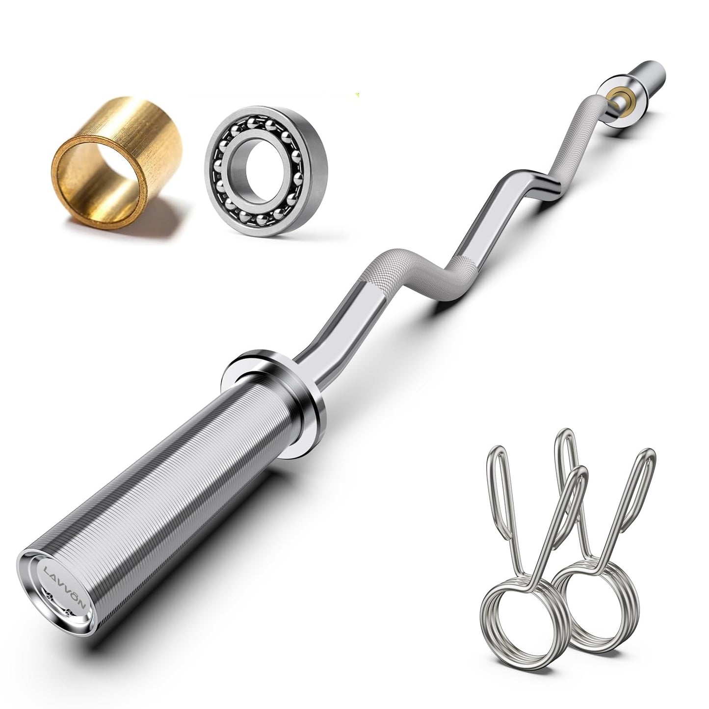 Olympic EZ Curl Barbell Bar 47",Mute Bearings - 2" Curl Bar for Weight Lifting, Hip Thrusts,Biceps,Squat-Home Gym Weight Bar-Chrome Curling Strength Training, 2Pcs Collars(800lbs Weight Capacity)