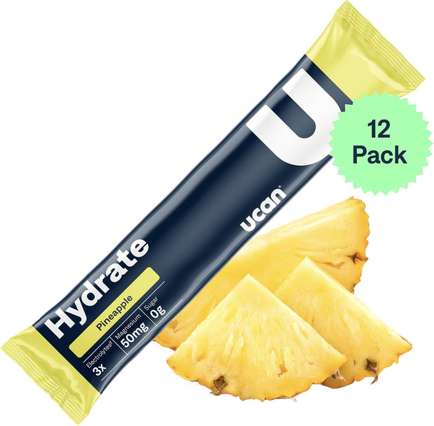 UCAN Hydrate Electrolyte Drink Mix (Pineapple, 12 Stickpacks) Sugar-Free, Keto-Friendly, Vegan, Non-GMO, Gluten-Free Electrolyte Powder with Potassium & Magnesium for Runners & Athletes