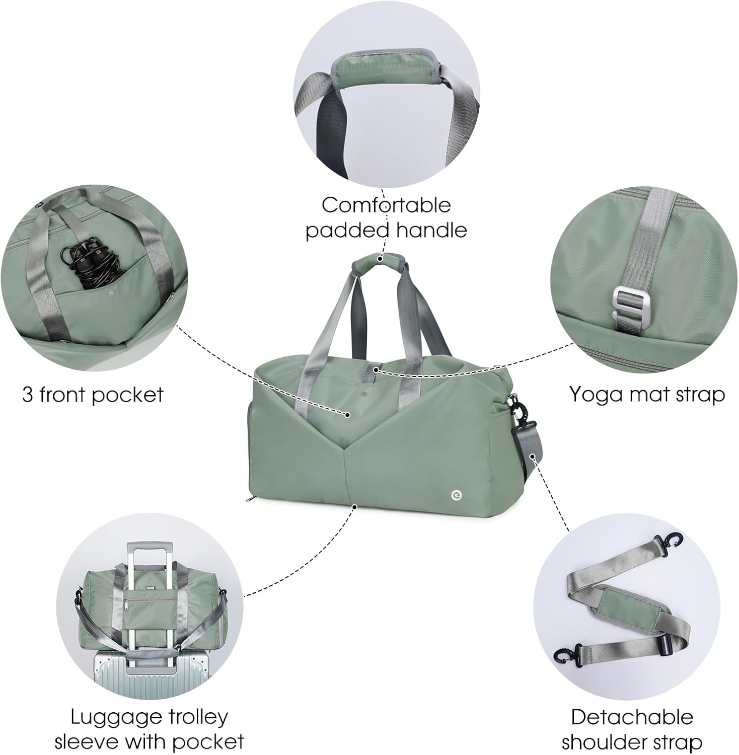 Ceneda 20" Gym Duffel Bag with Wet Pocket Shoes Compartment Portable Overnight Weekender Bag Travel bag Yoga Bag for Women (Celadon)